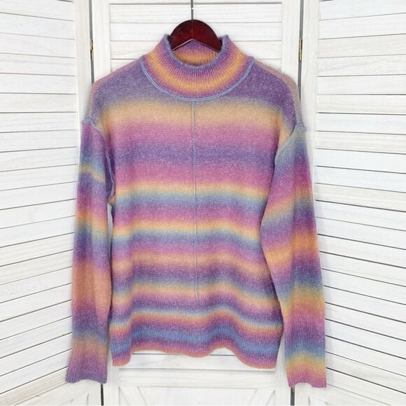 BeachLunchLounge Ombre Rainbow Mock Neck Sweater Large Space Dye Stripe - Picture 10 of 15